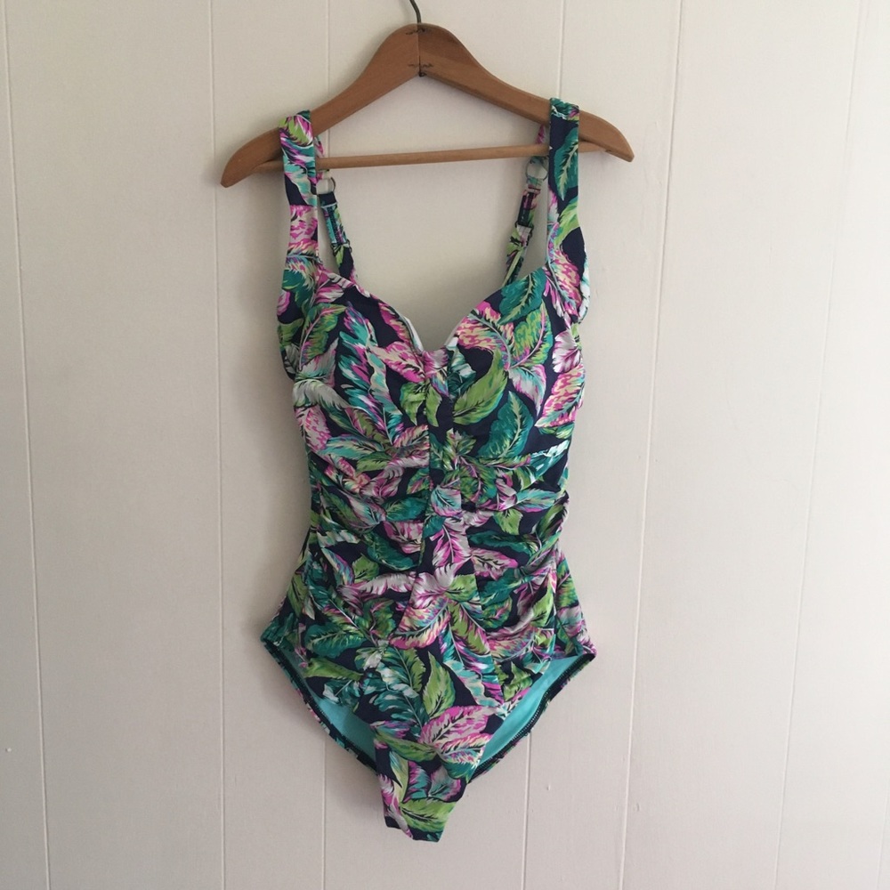 Tropical print one piece bathing swimsuit